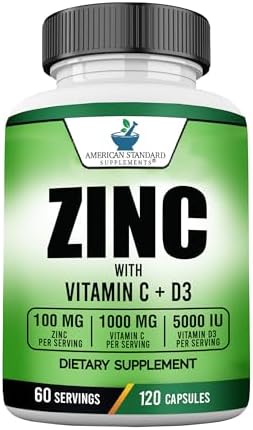 American Standard Supplements Zinc 100mg, Vitamin C 1000mg, and Vitamin D3 5000 IU (125mcg) Per Serving (Порция) - Gluten Free, Non-GMO, 60 Capsules (Капсулы), 30 Servings (Порции) American Standard Supplements