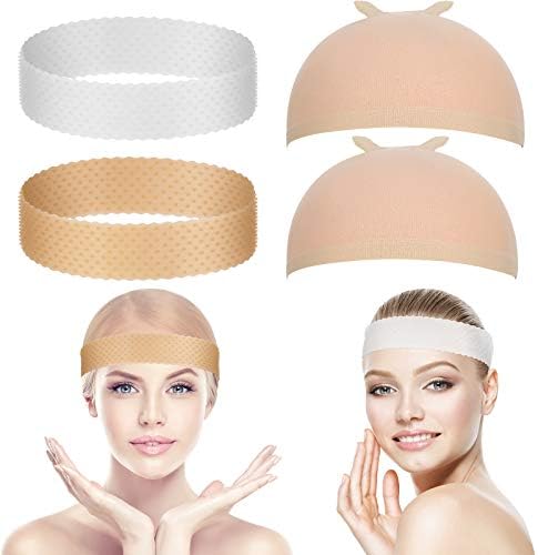 4 Pieces Silicone and Nylon Transparent Sweatproof Seamless Non-Slip Stretchy Wig Headband with Wig Cap for Sport and Yoga (White, Light Brown, Skin Color) WILLBOND