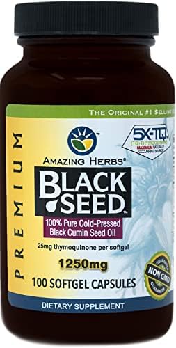 Amazing Herbs Black Seed Oil Pills 1250mg, 100 Softgel Capsules (Капсулы) - Cold-Pressed | Non GMO Amazing Herbs