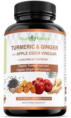 120 Capsules of USDA Organic Turmeric Root Powder, USDA Organic Ginger Powder and Apple Cider Vinegar Powder with Curcumin (95% Curcuminoids) and Bioperine, 1410 mg per Serving in Veggie Capsules PIUS NATURE