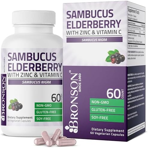 Bronson Sambucus Elderberry with Zinc & Vitamin C Triple Immune Support Complex Immune & Antioxidant Protection, Non-GMO, 60 Vegetarian Capsules Bronson