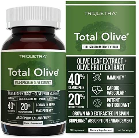 Total Olive® - Olive Leaf Extract (40% Oleuropein) Plus Olive Fruit Extract (20% Hydroxytyrosol) – Full Spectrum Extract Grown & Extracted in Spain – BioPerine Absorption Enhancement (60 Count) Triquetra Health