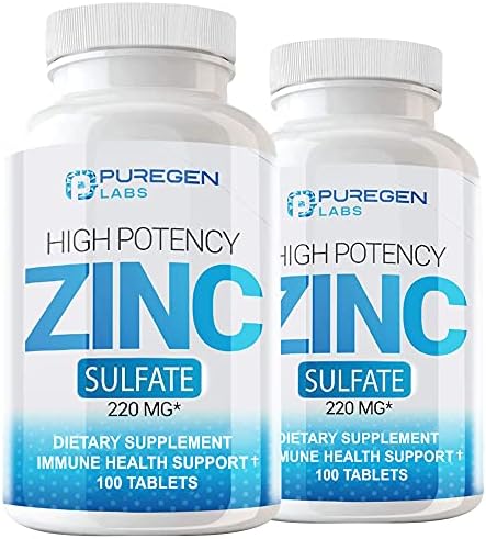 Zinc 220mg [High Potency] Supplement – Zinc Sulfate for Immune Support System 100 Tablets P Puregen Labs