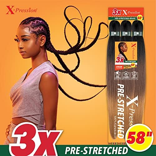 Sensationnel Xpression prestretched braiding hair - 3x xpression 58-inch kanekalon flame retardant smooth yaki braid - 3x x-pression 58 inch (1 pack, 1B OFFBLACK) Sensationnel