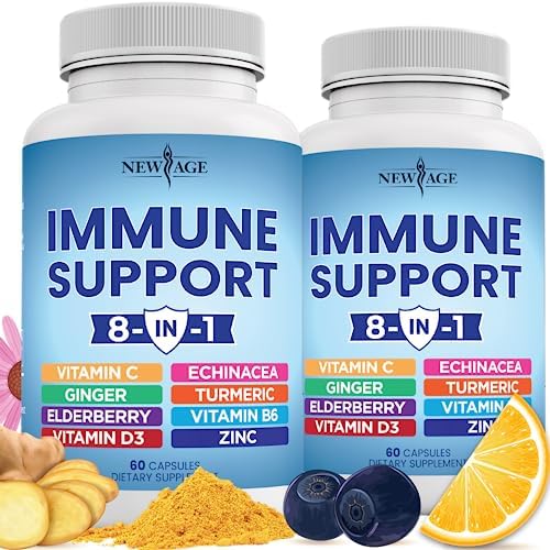 8 in 1 Immune Support Booster Supplement with Echinacea, Vitamin C and Zinc 50mg, Vitamin D 5000 IU, Turmeric Curcumin & Ginger, B6, Elderberry 120 Count (Pack of 2) NEW AGE