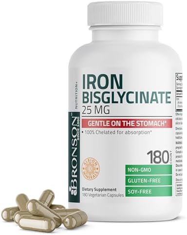 Bronson Iron Bisglycinate 25 mg Gentle on The Stomach, Supports Energy & Healthy Red Blood Cell Production - Non-Constipating Formula - Non GMO, 180 Vegetarian Capsules Bronson