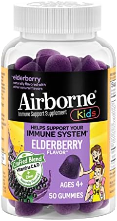 Airborne KIDS Elderberry + Zinc & Vitamin C Gummies (Жевательные конфеты), Kids Immune Support with Powerful Antioxidants Vit D & E - 50 gummies, Elderberry Flavor AirBorne