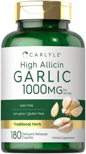 Carlyle Garlic Supplement with High Allicin | 180 Caplets | Odorless Garlic Pills | Vegetarian, Non-GMO, Gluten Free Carlyle