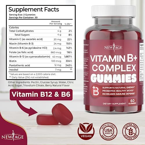 NEW AGE Vitamin B Complex Gummies (Жевательные конфеты) with Vitamin B3, B5, B6, B7, B9 & B12 – with Biotin, Folic Acid & Vitamin C – Gluten-Free, Vegan, Made in The USA! (120 Count (Pack of 2)) NEW AGE