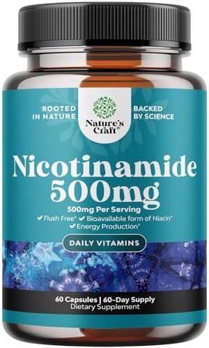 Vitamin B3 Niacinamide 500mg Capsules (Капсулы) - Mitochondrial Energy and Potent Skin Supplement - Vitamin B3 Niacin 500mg Flush Free and Nicotinamide 500mg - Flush Free Niacin Supplement - 60 Count Natures Craft