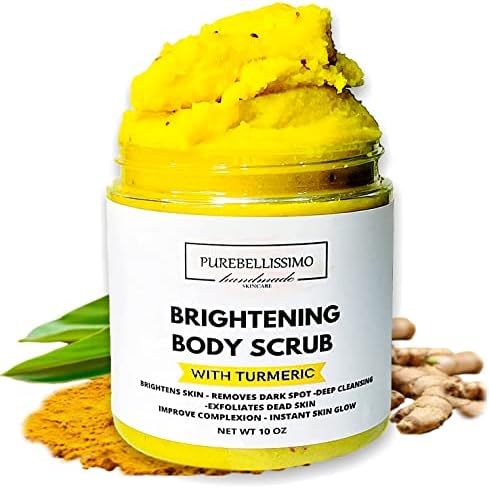 Turmeric Skin Brightening Scrub for Dark Spots, Dark Inner Thighs Bikini Area Underarms, Natural Exfoliating Turmeric Face Scrub ALL NATURAL 10OZ PureBellissimo