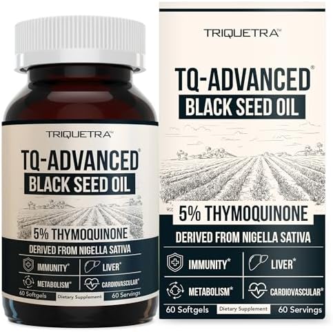 Black Seed Oil Capsules | 5% Thymoquinone - TQ-Advanced® | Maximum Strength - 500 mg of Oil per Capsule - 15:1 Oil Concentrate from Nigella Sativa, Raw Form, Vegan, Glass Bottle (60 Capsules) Triquetra Health