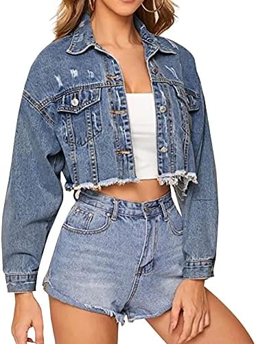 LONGYIDA Women's Jean Jacket Button Down Cropped Distressed Frayed Denim Jacket Coat LONGYIDA