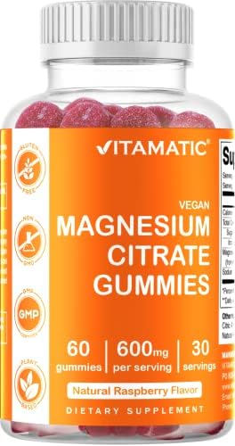 Vitamatic Magnesium Citrate Gummies (Жевательные конфеты) 600mg per Serving (Порция) - 60 Vegan Gummies - Promotes Healthy Relaxation, Muscle, Bone, & Energy Support (60 Gummies (Pack of 1)) Vitamatic