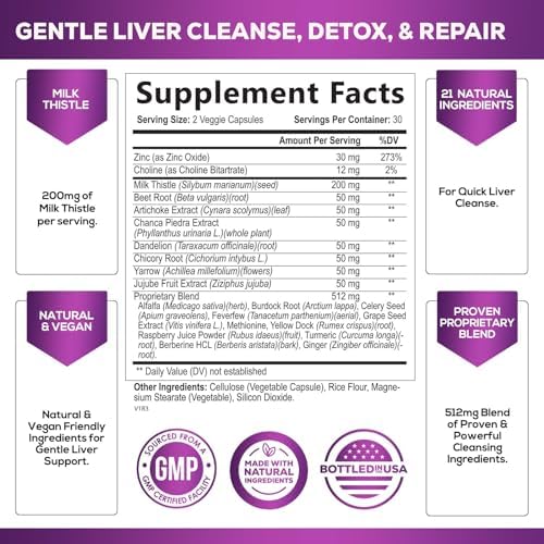 Gentle Liver Cleanse Detox & Repair Formula - Herbal Liver Support Supplement: Milk Thistle with Silymarin, Artichoke Extract, Dandelion, Beet, Chicory Root, & Turmeric for Liver Health - 60 Capsules (Капсулы) Health Nutrition Naturals