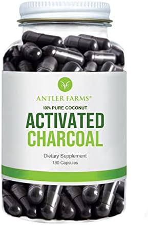 Antler Farms - 100% Pure Coconut Activated Charcoal, 180 Capsules (Капсулы) 260mg - Wild Harvested, Virgin Coconut Shell, USP Food Grade, Steam Activated, Ultra Fine Antler Farms