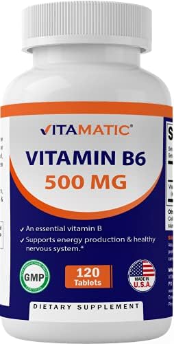 Vitamatic Vitamin B6 (Pyridoxine HCI), 500 mg 120 Vegetarian Tablets (Вегетарианские таблетки) - Promotes Energy Production, boosts Metabolism and Immune Health Support Vitamatic