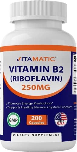 Vitamatic Vitamin B2 (Riboflavin) 250 mg 200 Capsules (Капсулы) - Support Cellular Energy and Red Blood Cell Production Vitamatic