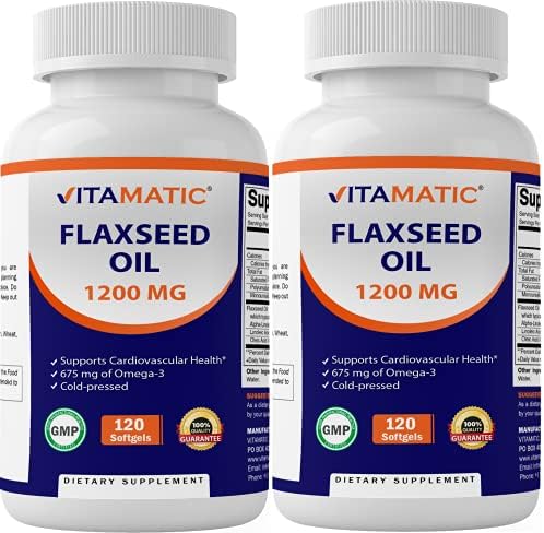 Vitamatic 2 Pack Flaxseed Oil 1200mg 120 from Cold Pressed Flax Seed - 675 mg of ALA Omega 3 Fatty Acids for Improving Heart Health Vitamatic