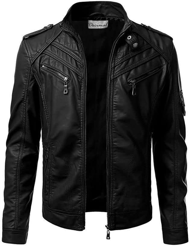 Мужская Кожаная куртка DECIMAL Black Genuine Lambskin Leather Biker Jacket VINTAGE REAL MOTORCYCLE JACKETS FOR MEN DECIMAL