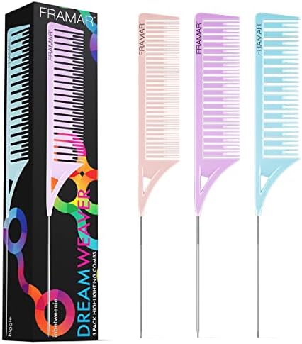 Framar Dreamweaver Highlight Comb Set – Combs for Hair Stylist, Highlighting Comb, Hair Dye Comb, Hair Highlighter Comb with Metal Pick, Balayage Comb - 3 Pack Pastel FRAMAR