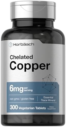 Horbäach Chelated Copper Supplement 6mg | 300 Tablets | Essential Trace Mineral | Vegetarian, Non-GMO, Gluten Free Horbäach