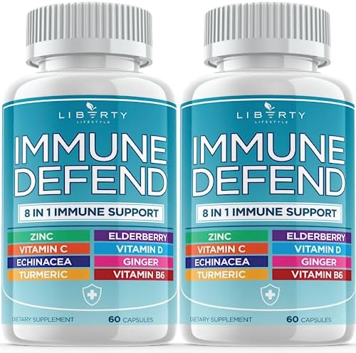 8 in 1 Immune Defense Support, Immunity Vitamins Supplement Booster with Zinc 50mg, Vitamin C Elderberry Vit D3 5000 IU, Turmeric Curcumin & Ginger, Echinacea - Allergy Relief for Kids Adults (2 Pack) Liberty Lifestyle