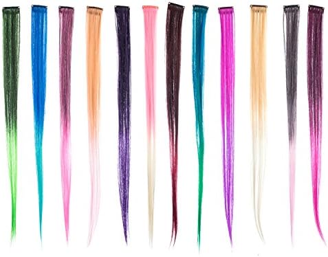 SWACC 12 Pcs Straight One Color Party Highlights Clip on in Hair Extensions Colored Hair Streak Synthetic Hairpieces (Beige Blonde) SWACC