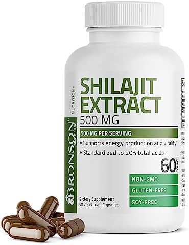 Bronson Shilajit Extract 500 MG Per Serving, Supports Energy Production & Vitality, Standardized to 20% Total Acids, Non-GMO, 120 Vegetarian Capsules Bronson