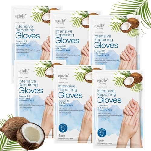 Epielle Intensive Repairing Gloves for Dry and Cracked Hands - 6 Pack | Coconut Oil, Milk Extract, Hyaluronic Acid | Beauty and Skincare Gifts Epielle