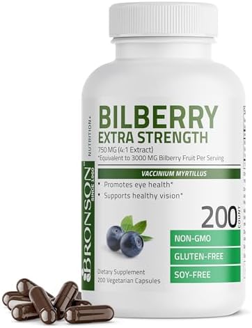 Bronson Bilberry Extra Strength Vaccinium Myrtillus, Promotes Eye Health and Supports Healthy Vision - Non GMO, 200 Vegetarian Capsules Bronson