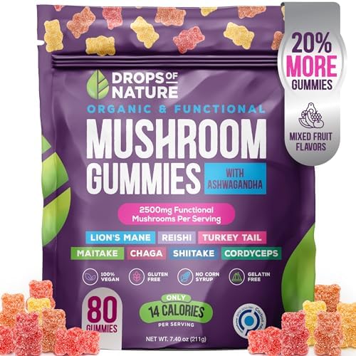 Ashwagandha & Turmeric Mushroom Gummies (Жевательные конфеты) - Shiitake Mushroom Turmeric Curcumin with Black Pepper, Vitamin C Boost, Support Immunity & Digestion, Vegan Ashwagandha Supplements (Mixed Fruits, 60 Gummies) Drops Of Nature