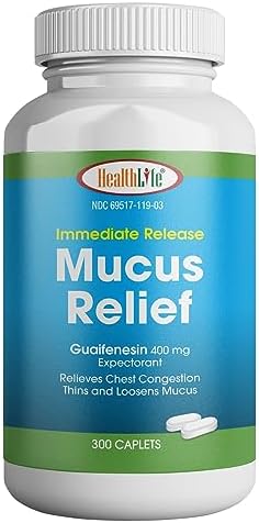 HEALTH LFE Mucus Relief Guaifenesin Caplets 400 mg, Immediate Release Fast Acting Expectorant, Thin and Loosens Mucus, Relieves Chest Congestion, Cough, Cold and Flu (Medium, 200 Count) HEALTH LFE