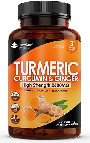 Turmeric Tablets 2600mg with Black Pepper & Ginger - 95% Curcumin Extract 180 and (3 Month) High Strength Active Supplements Not Capsules,by New Leaf New Leaf Products