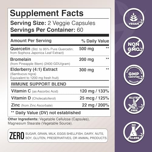 Quercetin with Vitamin C and Zinc - Elderberry - Quercetin 500mg - Quercetin with Bromelain - Zinc Quercetin - Vitamin D3 - 6 in 1 Daily Immune Support, Non-GMO, Gluten-Free - Sambucus Supplement -USA GADE NUTRITION BOOST YOUR HEALTH