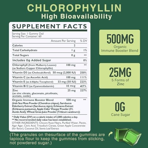 Sugar Free Chlorophyll Gummies (Жевательные конфеты) - with Unfiltered ACV, Sea Moss & Elderberry, Echinacea, Vitamin D3, C, E, B12 - Natural Deodorant, Breathe Fresh, Immune & Digestion Support, Vegan Delicious Chews 60Ct EnvyDeal