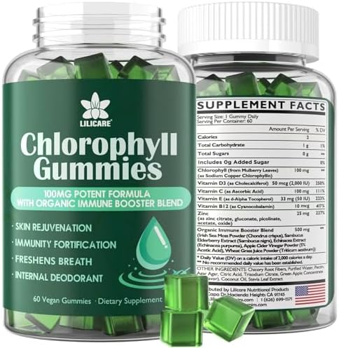 Sugar Free Chlorophyll Gummies (Жевательные конфеты) - with Unfiltered ACV, Sea Moss & Elderberry, Echinacea, Vitamin D3, C, E, B12 - Natural Deodorant, Breathe Fresh, Immune & Digestion Support, Vegan Delicious Chews 60Ct EnvyDeal