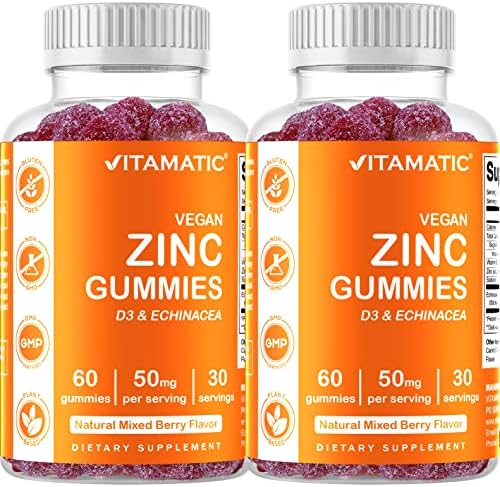 2 Pack - Vitamatic Zinc 50mg Gummies (Жевательные конфеты) - 60 Vegan Gummies - Gluten Free - Healthy Immune Support for Adults, Men, Women Vitamatic