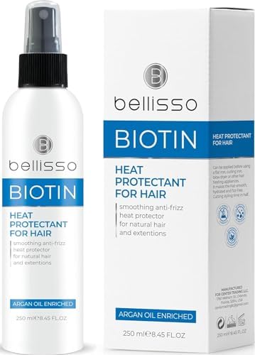 Biotin Heat Protection Hair Spray with Moroccan Argan Oil - Thermal Resistant Styling Products for Women - Frizzy, Black and Curly Hair - Anti Frizz, Leave In Conditioner - Flat Iron and Blow Dry BELLISSO