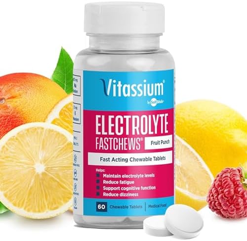 Vitassium FastChews, Chewable Electrolyte Tablets (Таблетки) for Management of POTS and High Sodium Diets, Fast-Acting Sodium Tablets, Fruit Punch, 60 Count Vitassium