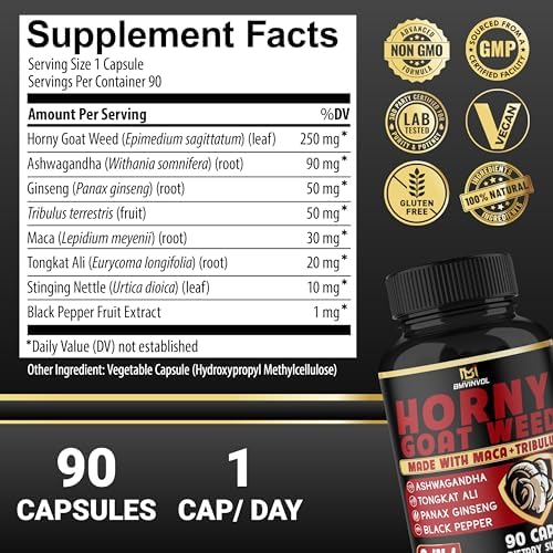 BMVINVOL Horny Goat Weed Capsules with Tribulus, Ginseng, Ashwagandha, Maca, Tongkat Ali, Nettle, Black Pepper - 60 Count Bmvinvol