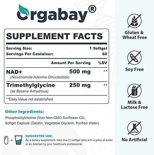 Liposomal NAD+ Supplement 500 mg, High Absorption, Boost NAD+ with TMG 250 mg, Actual NAD Plus More Efficient Than Nicotinamide Riboside, Support Cellular Energy, Healthy Aging | 60 Softgels (Мягкие капсулы) Orgabay