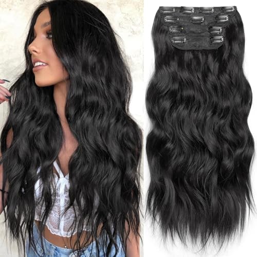 KooKaStyle Clip in Synthetic Hair Extensions Long Wavy 4PCS Thick Hairpieces Black Fiber Double Weft Natural Hair Extensions 24 Inch for Women KooKaStyle