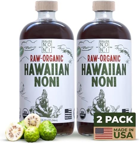 Healing Noni - 2-Pack Glass Bottle 32oz - Hawaiian Sparkling RAW Organic Juice - All-Natural Unsweetened Fresh Fruit - Farm Direct - USDA Certified Healing Noni