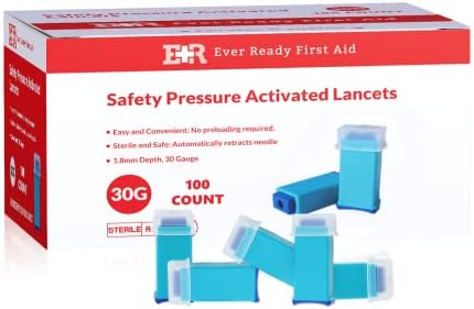 Ever Ready First Aid Safety Pressure Activated Lancets, Sterile Push Lancets with 30 Gauge for Blood Sugar Testing - 100 Count Ever Ready First Aid