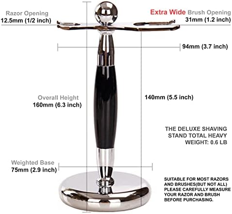 Deluxe Stainless Steel Shaving Brush Stand Holder for Razor & Brush - Extra Wide Openings, Weighted Base Black Handle SANWA