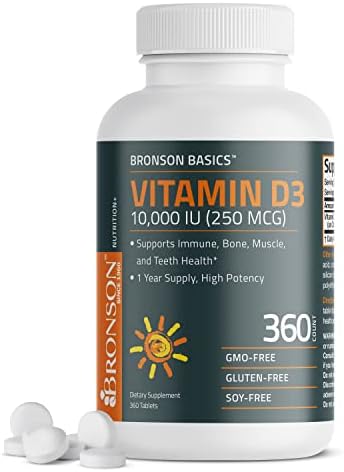 Bronson Vitamin D3 10,000 IU (250 MCG) 1 Year Supply for Healthy Muscle Function and Immune Support, Non-GMO, 360 Tablets Bronson