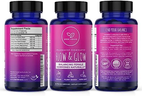 Flow and Glow Natural Hormone Balance for Women - PMS & Menopause Relief for Cramps, Mood Swings & Night Sweats with Donq Quai & Black Cohosh for Menopause - 60 Vegan Capsules (Веганские капсулы) (1 Pack) Herb Krave