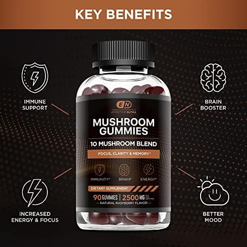 Mushroom Gummies (Жевательные конфеты) 10 Blend - Mushroom Complex 2500mg - Brain Booster, Immune Support, Energy - Mushroom Supplement for Men & Women (90ct) EFFECTIVE NUTRA