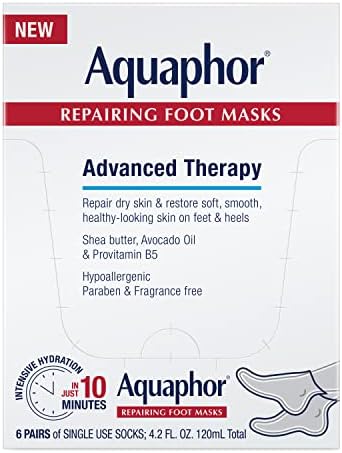 Aquaphor Repairing Foot Masks, Moisturizing Socks for Dry Feet, Hydrating Foot Care Treatment with Avocado Oil and Shea Butter, Pack of 6 Aquaphor